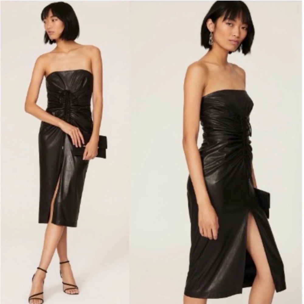 RACHEL COMEY Black Faux Leather Dress Strapless Sheath Ruched Cut Front Sz 10